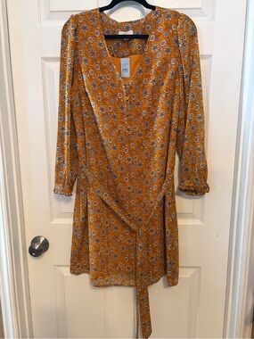LOFT Mustard Floral Long Sleeve Tie-Waist Dress